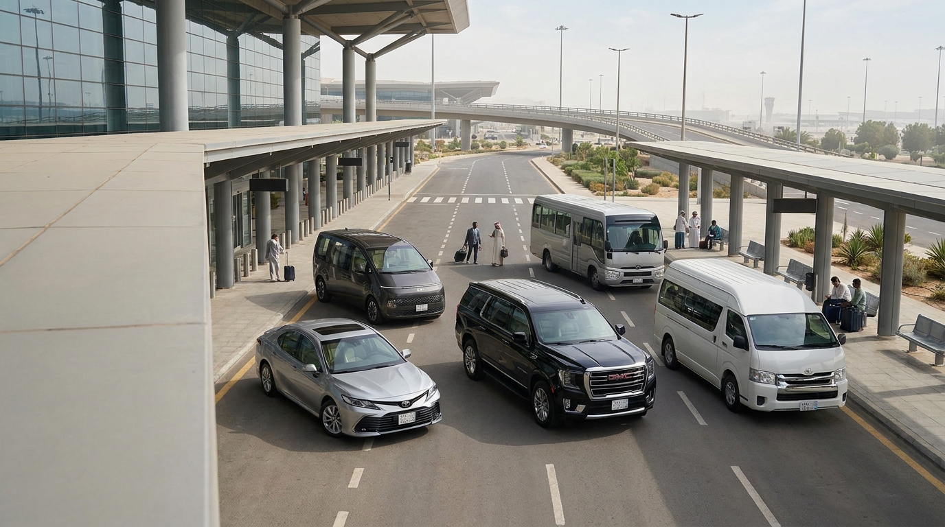The RehmaTours fleet prepared at a Saudi airport arrival area