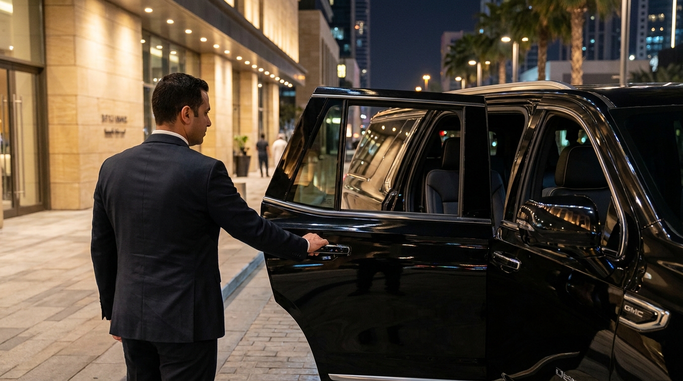A RehmaTours chauffeur preparing a black GMC for a private guest